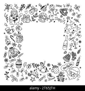 Weihnachtsgestell aus lustigen Doodle-Elementen in handgefertigter Technik Stock Vektor