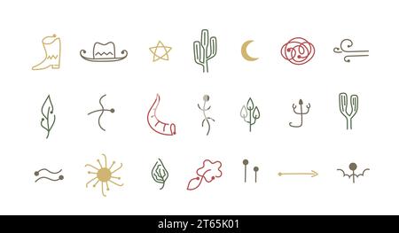 Boho Wild West Line Symbolsatz. Indianische Silhouettenkollektion. Stock Vektor