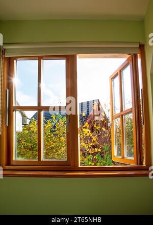 Blick durch einen doppelt verglasten Holzfensterrahmen im Haus bei Herbstwetter Stockfoto