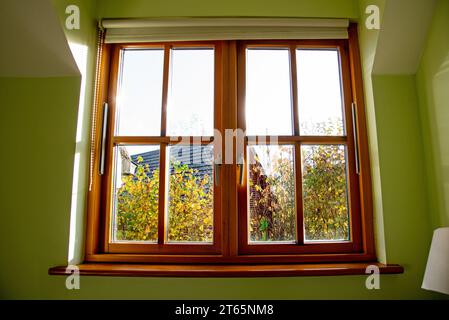 Blick durch einen doppelt verglasten Holzfensterrahmen im Haus bei Herbstwetter Stockfoto