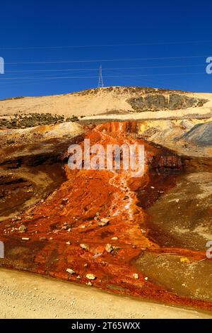 Detail des Baches, der durch Säureabflüsse und Industrieabfälle aus einer Mine in der Nähe von Milluni, bei La Paz, Bolivien, verseucht wird. Dieser Fluss mündet in den Stausee Represa Milluni, der El Alto und Teile von La Paz mit Wasser versorgt. Stockfoto