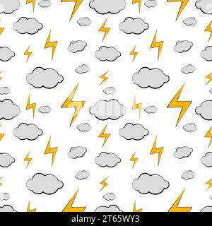 Nahtlose Textur mit Wolken und Blitzen auf weißem Hintergrund Stock Vektor
