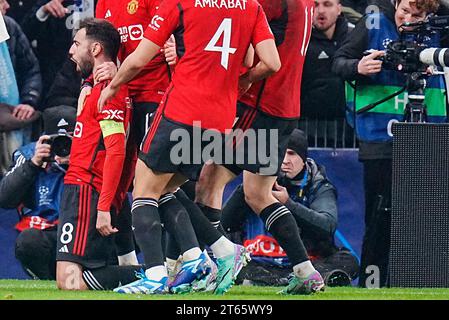 Parken 8. November 2023. Bruno Fernandes (8) von Manchester United feiert nach einem Elfmeterschuss in der UEFA Champions League Gruppe Ein Fußballspiel zwischen dem FC Kopenhagen und Manchester United am 8. November 2023 in Parken Stockfoto