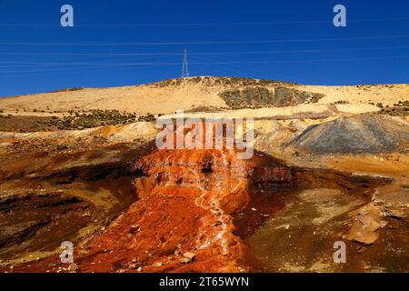 Detail des Baches, der durch Säureabflüsse und Industrieabfälle aus einer Mine in der Nähe von Milluni, bei La Paz, Bolivien, verseucht wird. Dieser Fluss mündet in den Stausee Represa Milluni, der El Alto und Teile von La Paz mit Wasser versorgt. Stockfoto