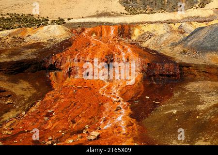 Detail des Baches, der durch Säureabflüsse und Industrieabfälle aus einer Mine in der Nähe von Milluni, bei La Paz, Bolivien, verseucht wird. Dieser Fluss mündet in den Stausee Represa Milluni, der El Alto und Teile von La Paz mit Wasser versorgt. Stockfoto