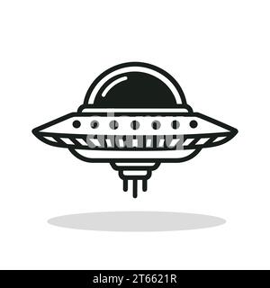 UFO-Symbol. Symbol fliegende Untertasse. Schwarze Abbildung eines UFO mit absteigenden Lichtstrahlen. Das Konzept der außerirdischen Technologie Stock Vektor