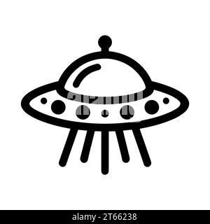 UFO-Symbol. Symbol fliegende Untertasse. Schwarze Abbildung eines UFO mit absteigenden Lichtstrahlen. Das Konzept der außerirdischen Technologie Stock Vektor