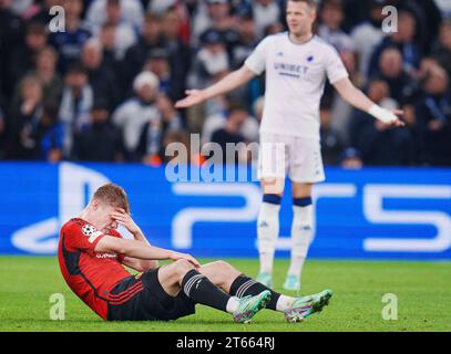 Rasmus Hojlund von Manchester United reagiert nach dem Spiel gegen den FC Kopenhagen in der UEFA Champions League Group, Einem Fußballspiel zwischen dem FC Kopenhagen und Manchester United in Parken am 8. November 2023. Stockfoto