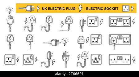 UK-Steckdose, britische Steckdose, Symbol für elektrische Geräte. Englisches dreipoliges AC-Kabel. Elektrizitätsenergie. Vektor Stock Vektor