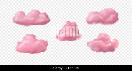 Vektorsatz von pinken 3D-Wolken. Realistische flauschige Wolken isoliert auf transparentem Hintergrund Stock Vektor