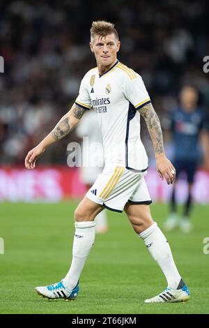 Madrid, Spanien. November 2023. Toni Kroos von Real Madrid reagiert beim Spiel der Gruppe C der UEFA Champions League zwischen Real Madrid und SC Braga am 8. November 2023 in Madrid. Quelle: Meng Dingbo/Xinhua/Alamy Live News Stockfoto