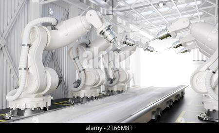 Roboterarme in einer Produktionslinie über einem Förderband in einer modernen Fabrik. Automatisierte Fertigung. 3D-Rendering, 3D-Abbildung Stockfoto