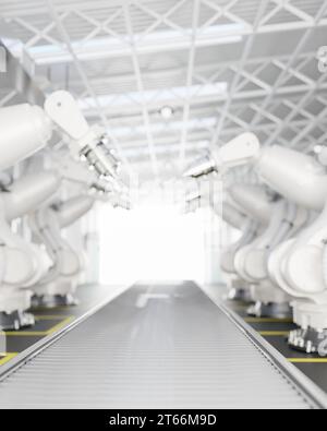 Roboterarme in einer Produktionslinie über einem Förderband in einer modernen Fabrik. Automatisierte Fertigung. Technologie und maschinelles Lernen. 3D-Rendering, 3D-Illu Stockfoto