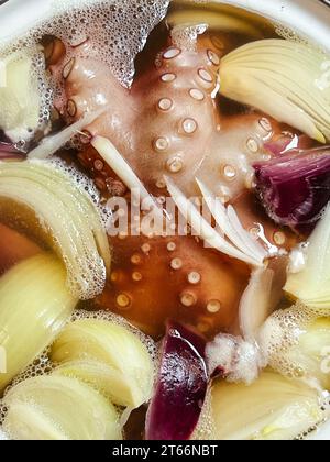 Oktopustentakel mit Zwiebelstücken kochen in einem Topf Stockfoto