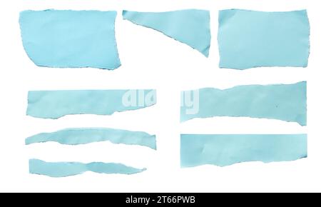 Ein Satz blauer oder zerrissener Papierbögen. Scrapbook-Kante, Notizbuchriss oder leere Seite. Stockfoto