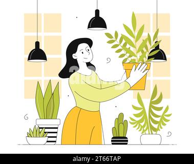Frau, die sich um Haus kümmert, Pflanzen Vektorlinie Stock Vektor