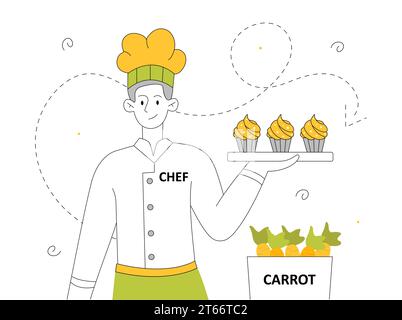 Mann mit Karotten-Cupcakes-Vektorlinie Stock Vektor