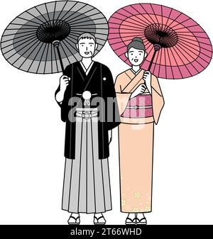 Lächelndes Paar mittleren Alters in Kimonos mit japanischen Sonnenschirmen auf ihrem Neujahrsbesuch und Sightseeing, Vektor-Illustration Stock Vektor