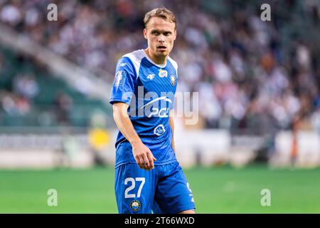 Warschau, Polen. Oktober 2023. Alvis Jaunzems of Stal wurde während des Polnischen PKO Ekstraklasa League-Spiels zwischen Legia Warszawa und PGE FKS Stal Mielec im Marschall Jozef Pilsudski Legia Warschau Municipal Stadium gesehen. Endergebnis; Legia Warszawa 1:3 PGE FKS Stal Mielec. Quelle: SOPA Images Limited/Alamy Live News Stockfoto