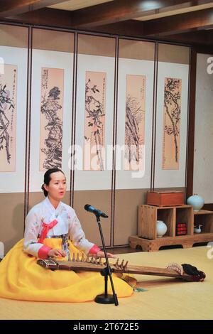 Eine Frau in farbenfroher Hanbok-Kleidung spielt ein Schwulenspiel, eine traditionelle Zither, die von einigen als Koreas charakteristisches Musikinstrument angesehen wird Stockfoto