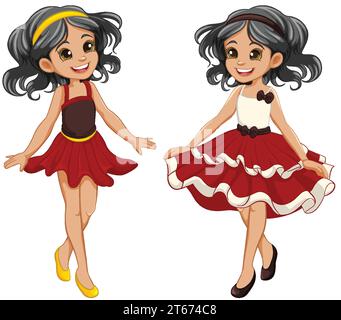 Eine Reihe von Cartoon-Charakteren für Mädchen in Fantasy-Party-Prinzessin-Outfits Stock Vektor