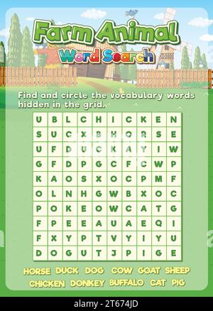 Eine lustige und lehrreiche Spielvorlage mit dem Thema „Nutztiere“ Stock Vektor