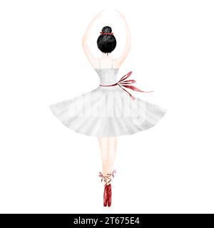 Aquarellzeichnung einer Handballerina in weißem Kleid und roten spitzenschuhen isolieren. Niedliche Tänzerin zum Dekorieren von Karten und Postern. Stockfoto