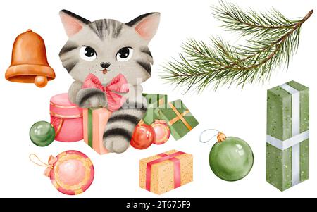 Eine Aquarellkollektion mit Neujahrselementen. Katze mit Geschenken und Weihnachtskugeln Kiefernzweig und Geschenkbox. Eine goldene Glocke und farbenfrohe Ornamente. Für Stockfoto