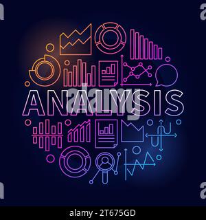 Bunte Illustration des Analysevektors. Buntes rundes Symbol mit WORTANALYSE und Diagramm- oder Diagrammsymbolen auf dunklem Hintergrund Stock Vektor