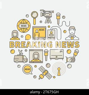 Breaking News Bunte Illustration - Vektorschild mit Mikrofon, Journalist, Satellit und anderen Medien-Ikonen Stock Vektor