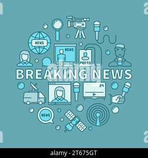 Breaking News Concept Illustration - Vektor kreisförmiges buntes Schild mit Mikrofon, Journalisten, Satelliten und anderen Mediensymbolen auf blauem Hintergrund Stock Vektor
