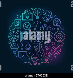 Idee kreative helle Llustration. Vektor-rundes Denken Konzeptzeichen oder Designelement mit linearen Glühlampen-Symbolen auf dunklem Hintergrund Stock Vektor