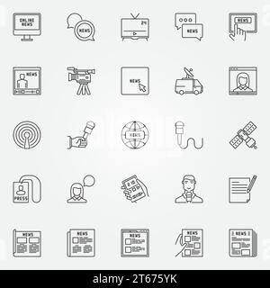 News Icons Set - Vektorsammlung von Zeitungen, Journalisten, Mikrofonen und modernen Geräten. Berichte zu Konzeptsymbolen in dünner Linienart Stock Vektor