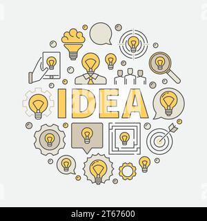 Idee Runde bunte Illustration. Kreatives modernes Vektor-Schild mit Glühlampen-Symbolen und WORTIDEE Stock Vektor