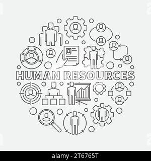 HR-Umrissdarstellung. Vektorrundes Rekrutierungszeichen mit Phrase HUMAN RESOURCES und dünnen Symbolen Stock Vektor