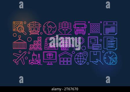 Lieferung und Logistik farbenfrohe Illustration. Vektor Global Transport oder Supply Chain Concept Banner mit Strichsymbolen auf dunklem Hintergrund Stock Vektor