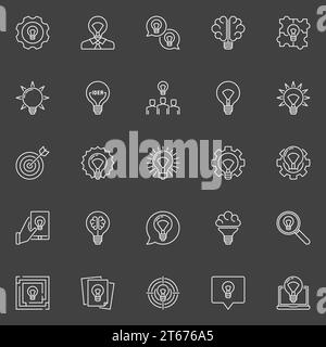 Ideensymbole für dünne Linien. Vektorsammlung von Glühlampen, Gehirn und anderen modernen Umrissschildern auf dunklem Hintergrund Stock Vektor