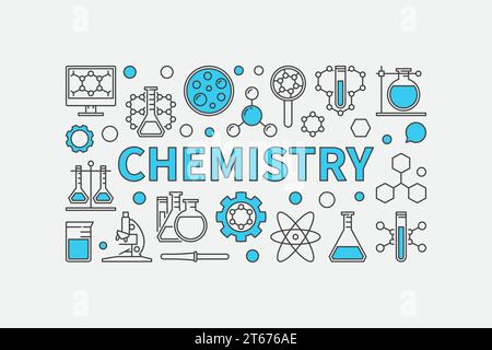 Chemie kreativer moderner Hintergrund. Illustration der Vektorwissenschaft und -Bildung mit dünnen chemischen Symbolen und blauen Wörtern CHEMIE auf weißem Ba Stock Vektor