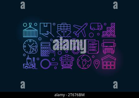 Vektor Logistik bunte Illustration - kreatives Banner mit Transport-, Liefer- und Logistiksymbolen auf dunklem Hintergrund Stock Vektor