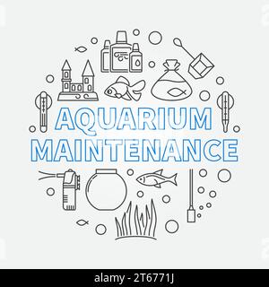 Aquarium Wartung Vektor runde Illustration aus Aquarium Zubehör, Fischtank, Schloss, Heizung und tropische Fische umrissen Ikonen Stock Vektor