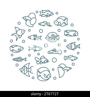 Aquarium Fisch Vektor Runde kreative Illustration in dünner Linie Stil. Exotische tropische Aquarienfische in kreisförmigem Konzeptsymbol Stock Vektor