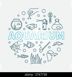 Aquarium Vektor runde Illustration aus Ausrüstung, Futter, Pumpe, Heizung und Aquarium tropische Fische dünne Linien Ikonen Stock Vektor