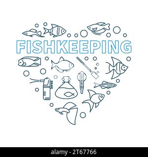 Minimales Konzept Illustration in Herzform aus Aquarienausrüstung und Fischen-Umrisssymbolen Stock Vektor