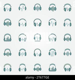 Kopfhörer mit farbigen Symbolen in Klangwellen – Vektorsammlung von Kopfhörern mit kreativen Symbolen oder Logoelementen Stock Vektor