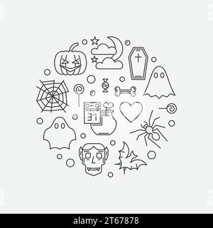 Halloween kreisförmiger Vektor minimale Illustration mit lustigen halloween-Ikonen im dünnen Stil gemacht Stock Vektor