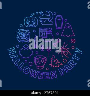 Halloween Party Runde Linie farbige Illustration oder 31 Oktober Feiertagsparty Einladung im Umrissstil auf dunklem Hintergrund Stock Vektor