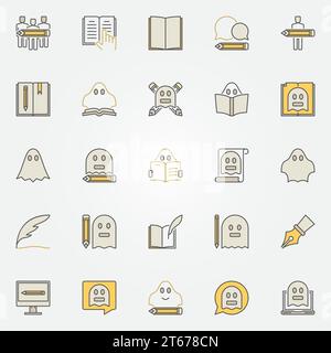 Ghostwriter und das Schreiben farbenfroher Ikonen. Vektorsatz kreativer Geisterschreiber-Symbole Stock Vektor