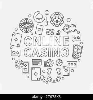 Illustration der Konzeptlinie des Online-Casinos. Runder, lineares Design-Schild mit ONLINE-CASINO-Phrase und Glücksspielsymbolen Stock Vektor