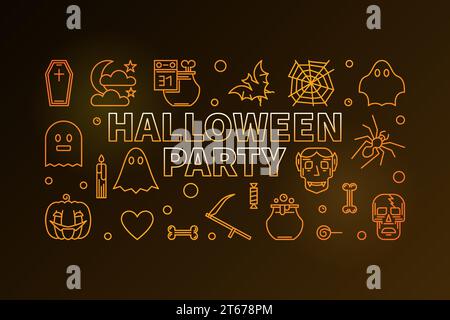 Halloween Party dünne Linie bunte horizontale Illustration. Vektor Moderne Halloween 31 okt. Feiertagsbanner im Umrissstil auf dunklem Hintergrund Stock Vektor