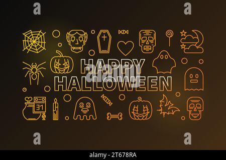Glückliches Halloween Vektor farbiges horizontales Banner oder Illustration mit lustigen dünnen Linien halloween Symbole auf dunklem Hintergrund gemacht Stock Vektor